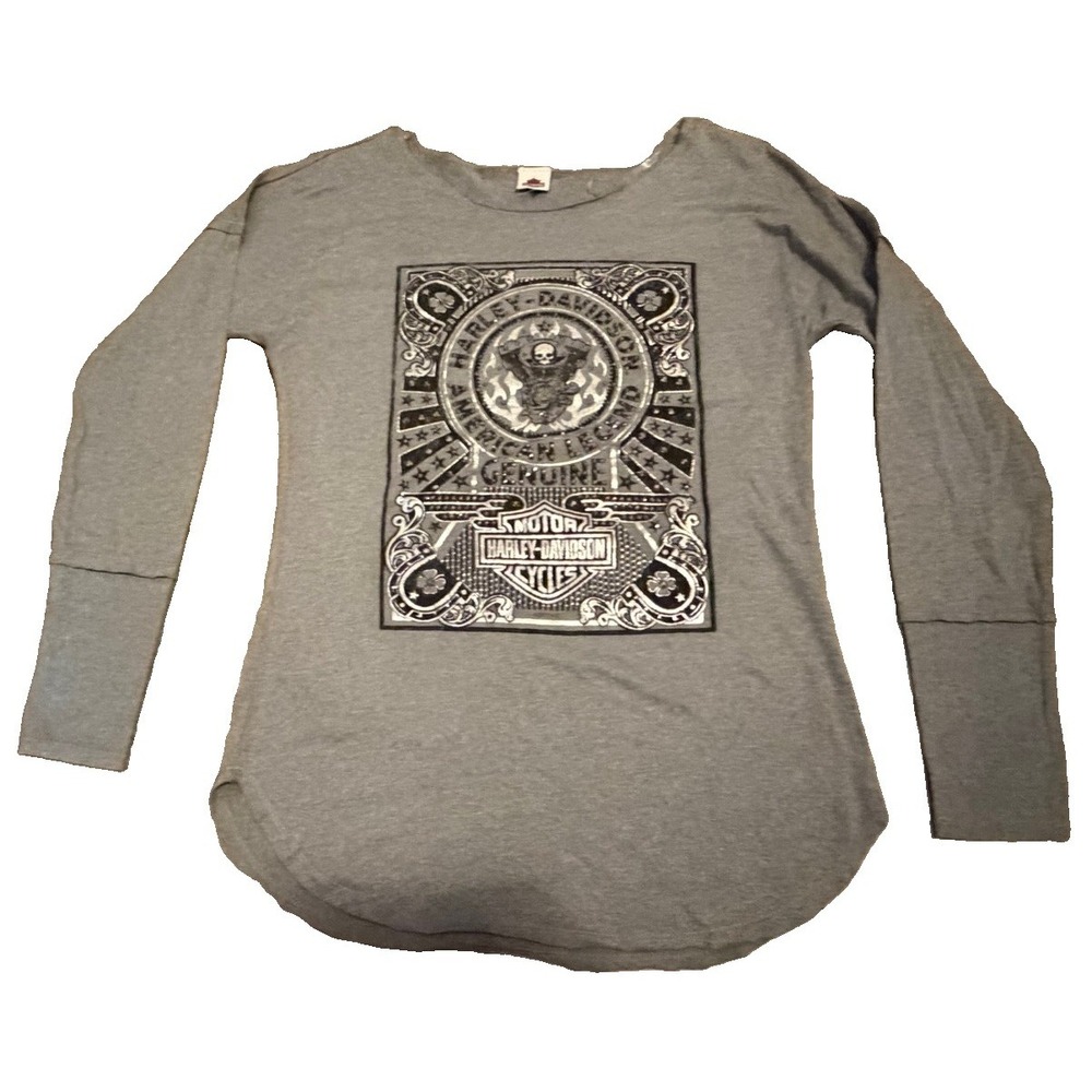 Harley Davidson Women's Gray Long Sleeve Shirt Rhinestone Graphic Motorcycle L